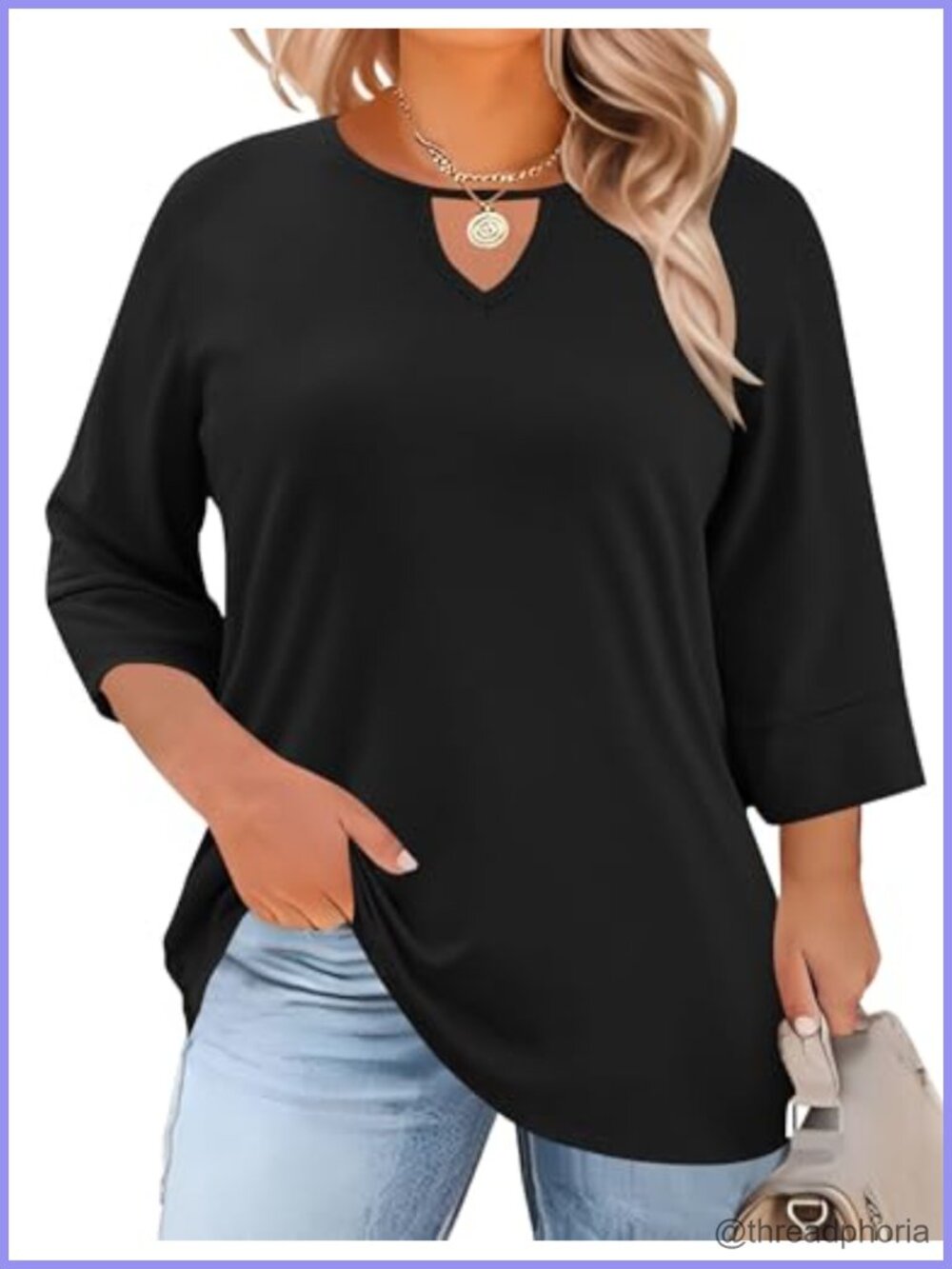 Womens Plus Size 3/4 Sleeve Keyhole Crewneck Blouse Tunic Top